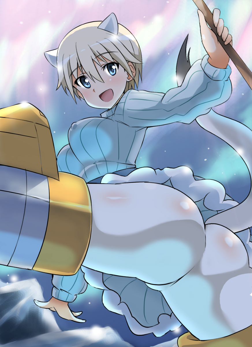 :d animal_ears ass aurora blonde_hair blue_eyes blush brave_witches breasts covered_nipples ermine_ears ermine_tail flying from_behind highres holding image_sample large_breasts long_sleeves looking_back military military_uniform mountain nikka_edvardine_katajainen open_mouth outdoors pantyhose pixiv_sample ribbed_sweater short_hair sky smile solo spread_legs star_(sky) striker_unit sweater tail tokiani turtleneck uniform white_legwear world_witches_series