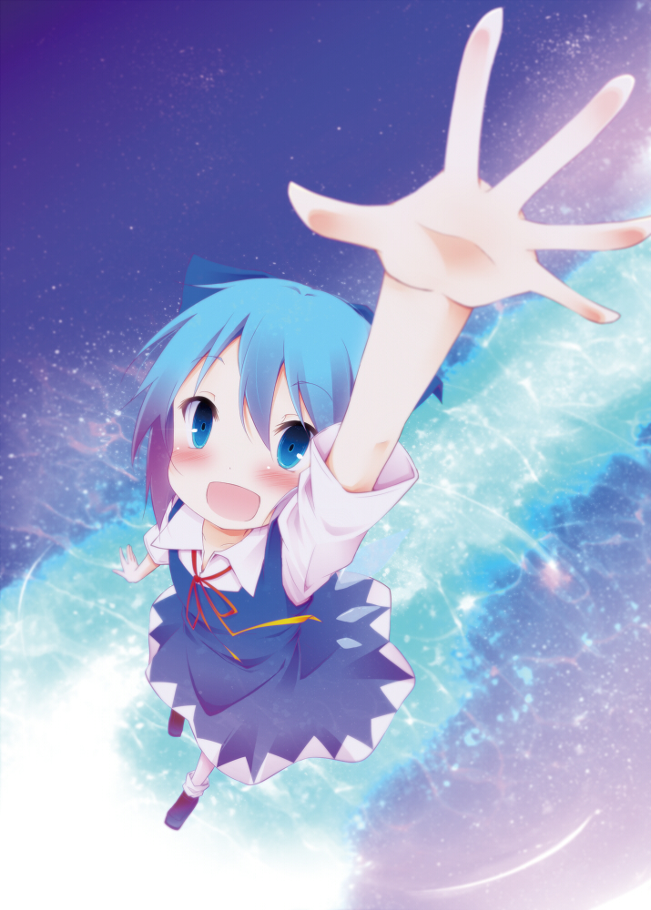 blue_eyes blue_hair blush bow cirno from_above hair_bow hand_up hinata_ichi open_hand open_mouth short_hair solo touhou