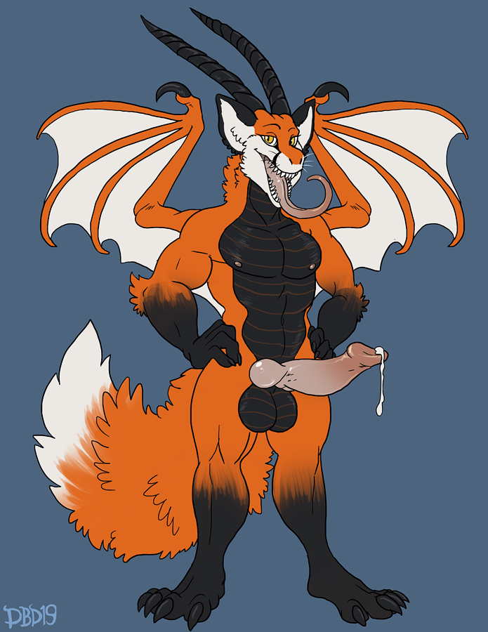 anthro balls canid canine dbd dragon erection fox horn knot looking_at_viewer male mammal nude precum solo standing tongue tongue_out wings