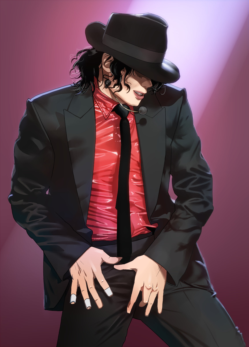 bandages bandaid_on_finger black_hair black_hat black_neckwear black_pants blazer collared_shirt commentary_request cowboy_shot crotch_grab curly_hair fedora formal hat headset highres hinoe_(dd_works) jacket legs_apart lips long_hair long_sleeves male_focus michael_jackson necktie nose open_clothes open_jacket pale_skin pants parted_lips purple_background real_life realistic red_shirt self_fondle shaded_face shiny shiny_clothes shirt shirt_tucked_in singer solo spotlight standing suit white_jacket wing_collar