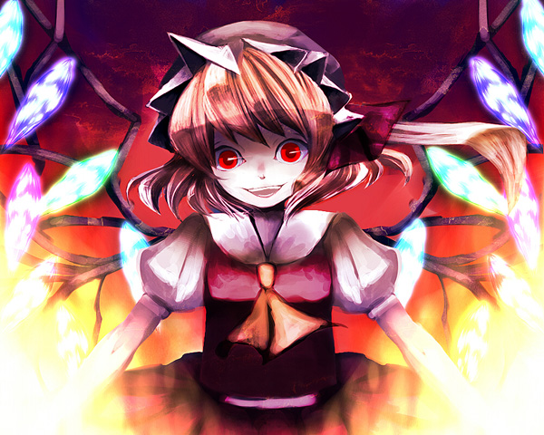bad_id bad_pixiv_id blonde_hair flandre_scarlet hat one_side_up ponytail red_eyes short_hair solo touhou wings yukibina