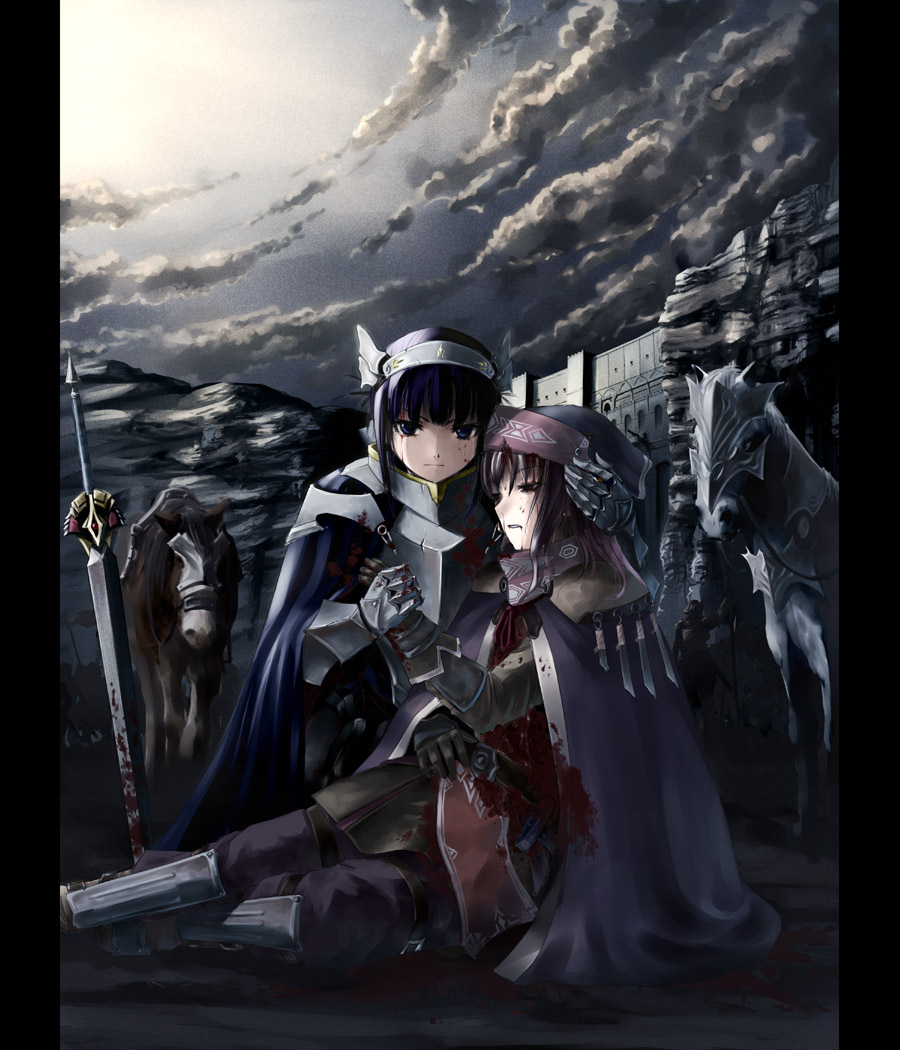 armor barding black_hair blood blood_from_mouth bloody_clothes bloody_tears blue_eyes brown_hair cloud dying fantasy gauntlets hat horse injury kakuno multiple_girls original outdoors pillarboxed planted_sword planted_weapon sword tears valkyrie weapon