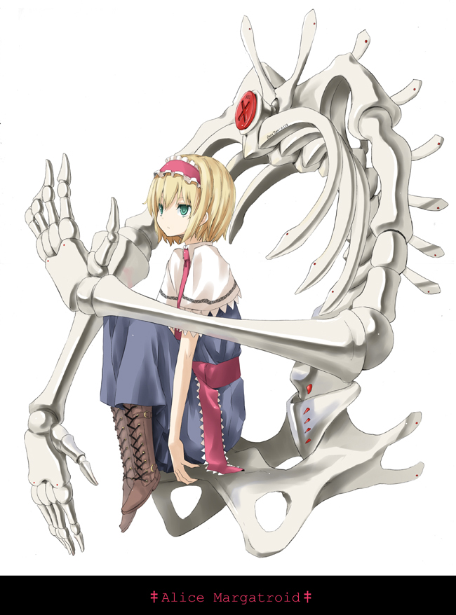 alice_margatroid blonde_hair bone boots capelet cross-laced_footwear expressionless green_eyes hairband knee_boots lace-up_boots nabeshima_tetsuhiro ribbon short_hair sitting skeleton solo touhou