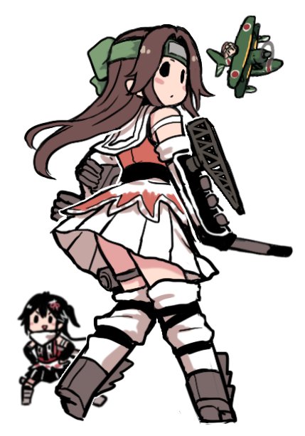 &gt;:d 3girls aircraft airplane biplane black_hair blush brown_hair commentary elbow_gloves fairy_(kantai_collection) from_behind gloves hands_on_hips headband jintsuu_(kantai_collection) kantai_collection long_hair looking_at_viewer looking_back multiple_girls pleated_skirt remodel_(kantai_collection) seaplane sendai_(kantai_collection) simple_background skirt solid_circle_eyes terrajin torpedo_tubes upskirt white_background