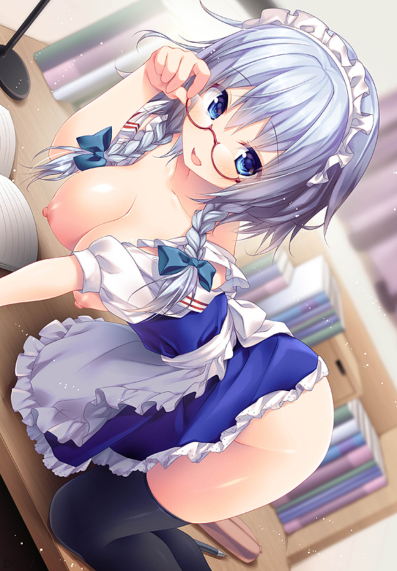 adjusting_eyewear all_fours apron banned_artist bespectacled black_legwear blue_dress blue_eyes blurry book braid breasts breasts_outside depth_of_field desk dress glasses izayoi_sakuya konomi_(kino_konomi) large_breasts looking_at_viewer maid maid_headdress nipples no_bra no_panties on_desk open_clothes open_dress open_mouth silver_hair smile solo thighhighs touhou twin_braids waist_apron