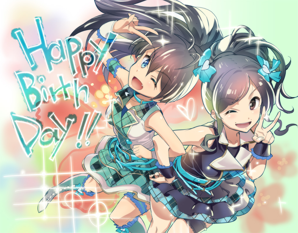 ;d andou_shuuki black_hair blue_eyes boots brown_eyes check_my_note fang ganaha_hibiki hand_on_hip happy_birthday heart idolmaster idolmaster_(classic) idolmaster_one_for_all knee_boots locked_arms long_hair looking_at_viewer multiple_girls numakura_manami one_eye_closed open_mouth plaid plaid_skirt real_life seiyuu_connection skirt sleeveless smile sparkle v wrist_cuffs