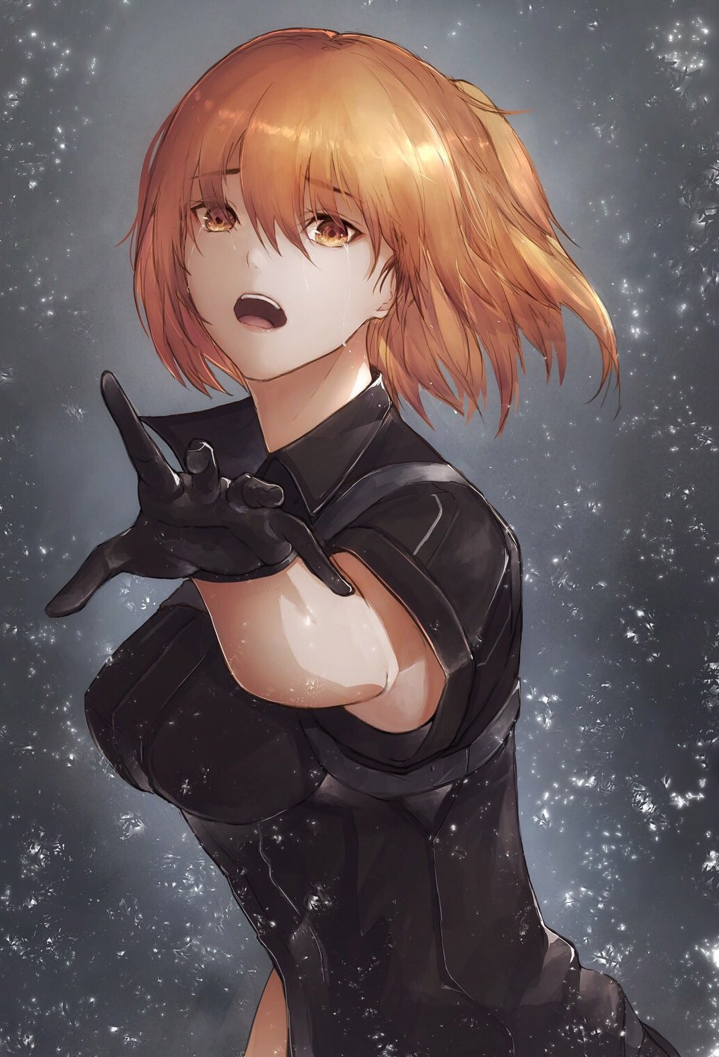 bangs black_armor black_gloves black_shirt commentary crying crying_with_eyes_open eyebrows_visible_through_hair fate/grand_order fate_(series) fujimaru_ritsuka_(female) gloves hair_between_eyes highres marumoru one_side_up open_mouth orange_eyes orange_hair outstretched_arm outstretched_hand shirt short_hair side_ponytail tears