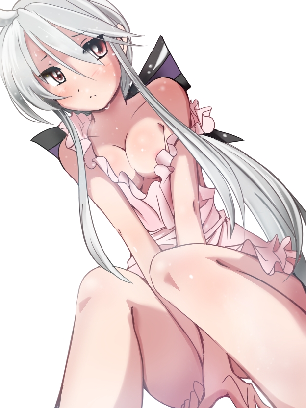 apron blush bow breasts cleavage dutch_angle eichi1219 hair_bow long_hair medium_breasts naked_apron red_eyes sidelocks silver_hair simple_background solo strap_slip sweat v_arms very_long_hair vocaloid voyakiloid white_background yowane_haku
