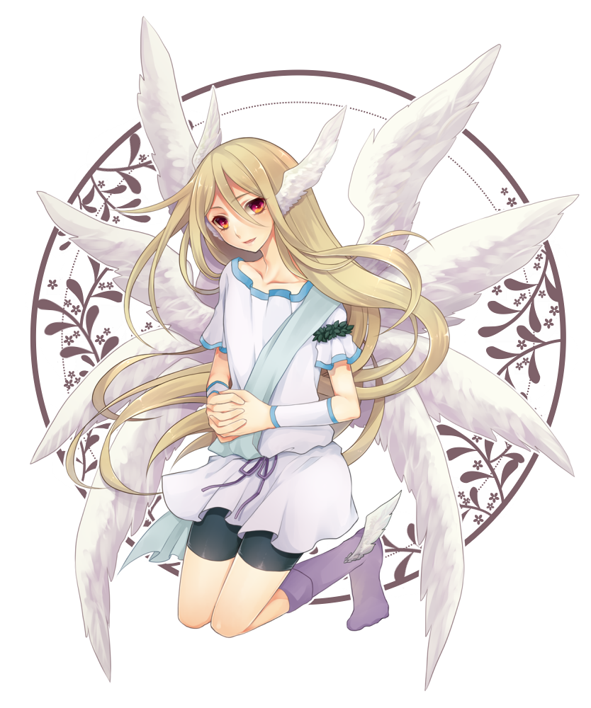 afuro_terumi angel_wings bike_shorts blonde_hair collarbone hinaame inazuma_eleven inazuma_eleven_(series) kneeling long_hair looking_at_viewer male_focus multiple_wings no_shoes red_eyes socks solo very_long_hair white_background wings zeus_(inazuma_eleven)