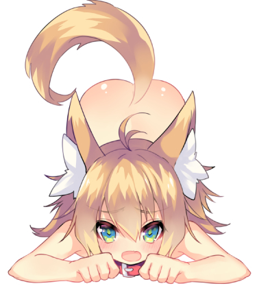 1girl all_fours animal_ear_fluff animal_ears antenna_hair bangs blonde_hair blue_eyes blush character_request collar commentary copyright_request eyebrows_visible_through_hair fox_ears fox_tail hair_between_eyes looking_at_viewer lowres medium_hair no_nose nude on_ground open_mouth red_collar red_neckwear simple_background solo tail top-down_bottom-up utm white_background