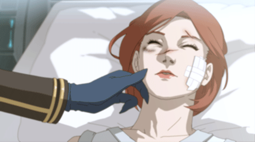 alien animated animated_gif bandage_on_face commander_shepard commander_shepard_(female) garrus_vakarian hospital lowres mass_effect mass_effect_2 mass_effect_3 red_hair scar short_hair solo_focus turian wei
