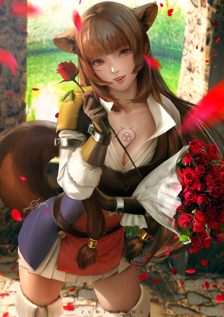 1girl animal_ear_fluff animal_ears bangs blush bouquet breasts brown_hair cleavage collarbone day eyebrows_visible_through_hair flower hair_between_eyes holding holding_bouquet holding_flower long_hair long_sleeves looking_at_viewer open_mouth petals raccoon_ears raccoon_girl raccoon_tail raphtalia red_eyes red_flower red_lips red_rose rose sidelocks slave_tattoo smile solo tail tate_no_yuusha_no_nariagari tattoo very_long_hair wind zumi_(zumidraws)