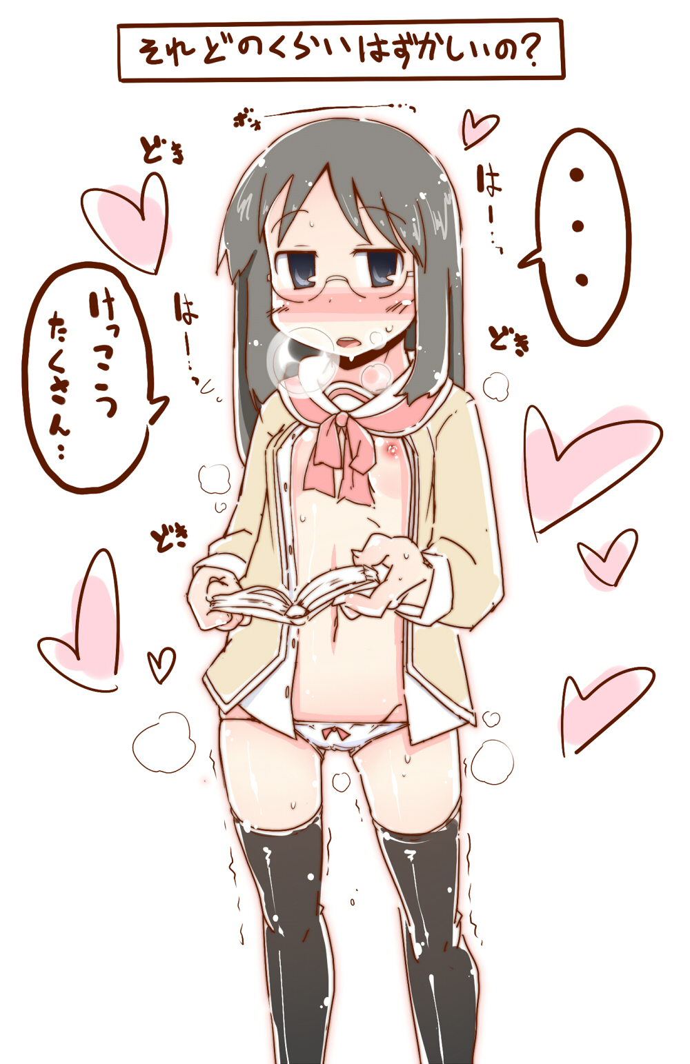 1girl areolae black_eyes black_hair blush book breasts glasses long_hair lowleg minakami_mai nichijou nipples open_clothes panties small_breasts solo sweat text thighhighs translation_request underwear yofukashi