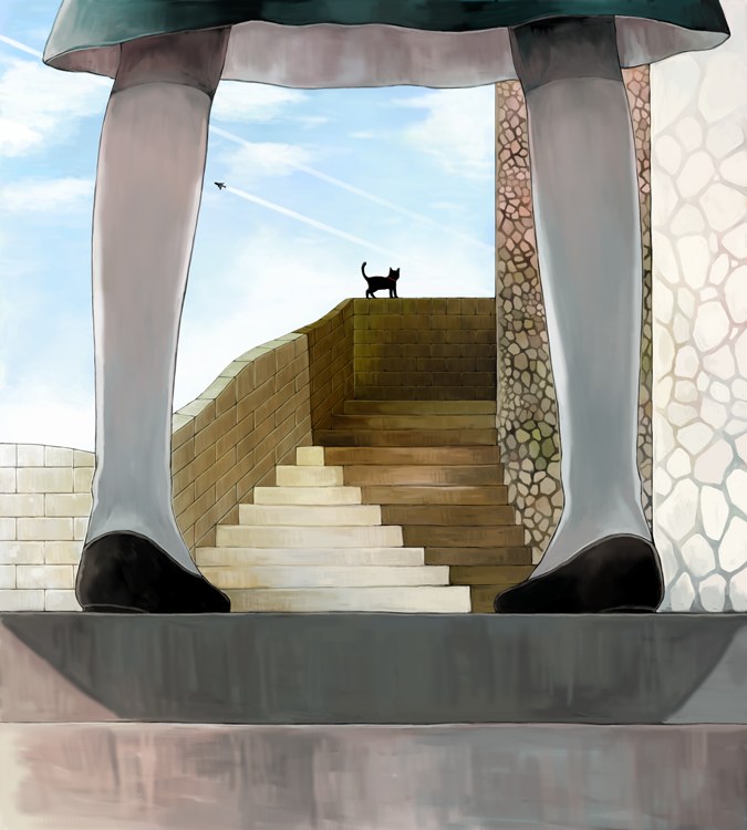 aircraft airplane between_legs cat cloud day dress head_out_of_frame jet original pantyhose scenery sky solo stairs white_legwear yumi_(tuzisaka)