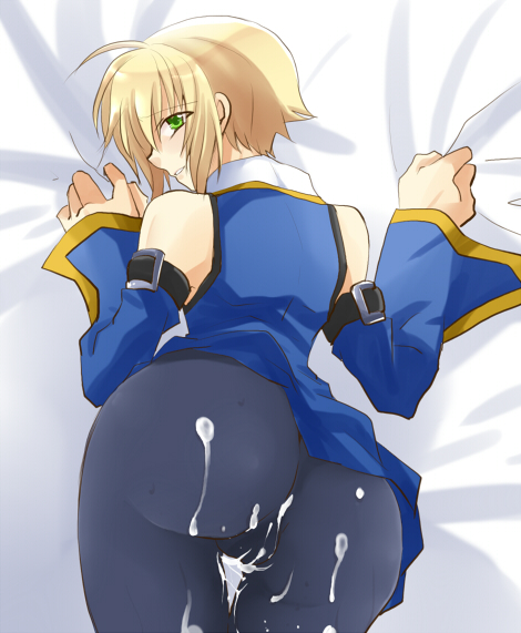 1boy aftersex arc_system_works ass bare_shoulders bed_sheet blazblue blonde_hair cum cum_on_ass from_behind green_eyes kisaragi_jin looking_back male_focus military military_uniform sheet_grab short_hair solo uniform