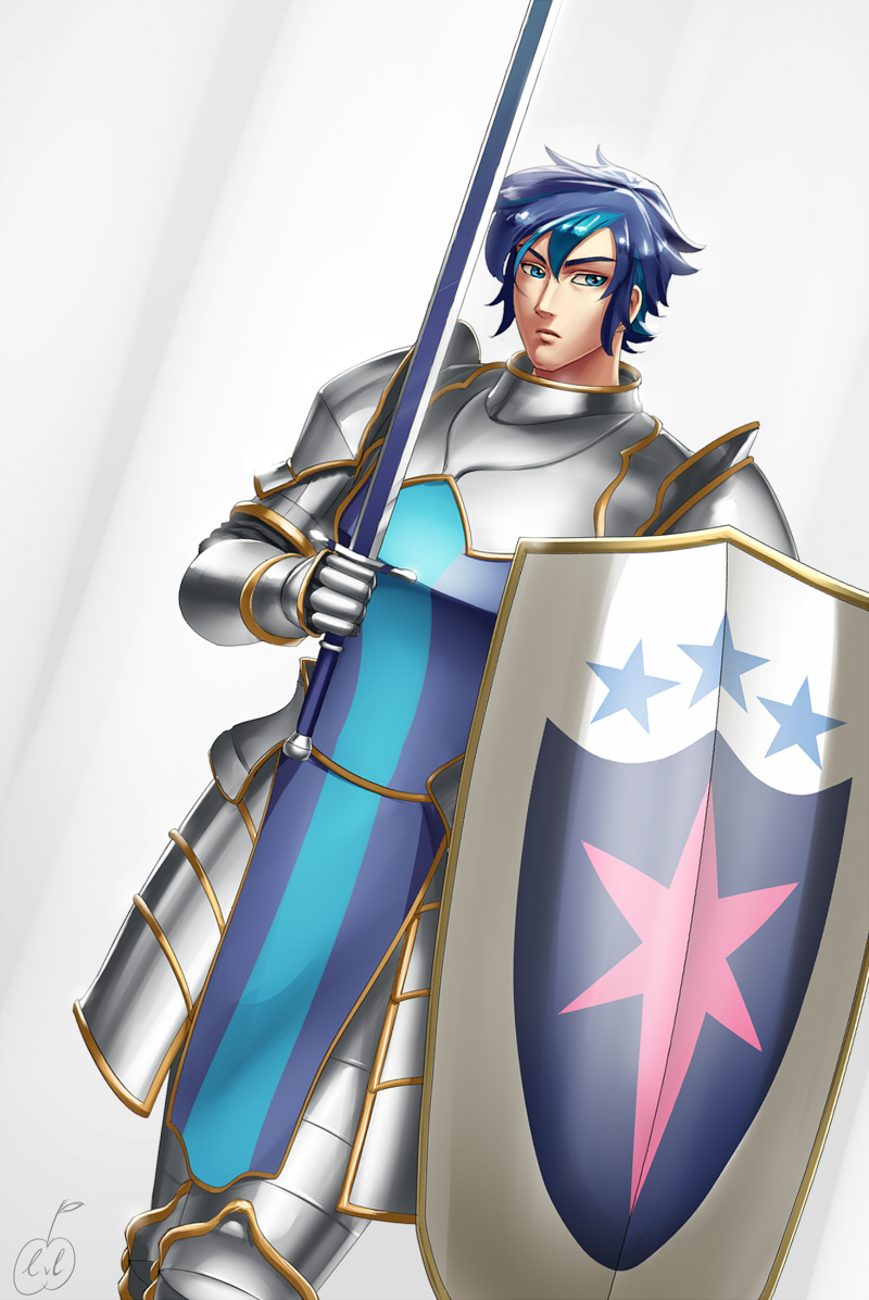 armor blue_eyes blue_hair commentary knight lvl_(sentrythe2310) male_focus my_little_pony my_little_pony_friendship_is_magic personification shield shining_armor solo sword weapon