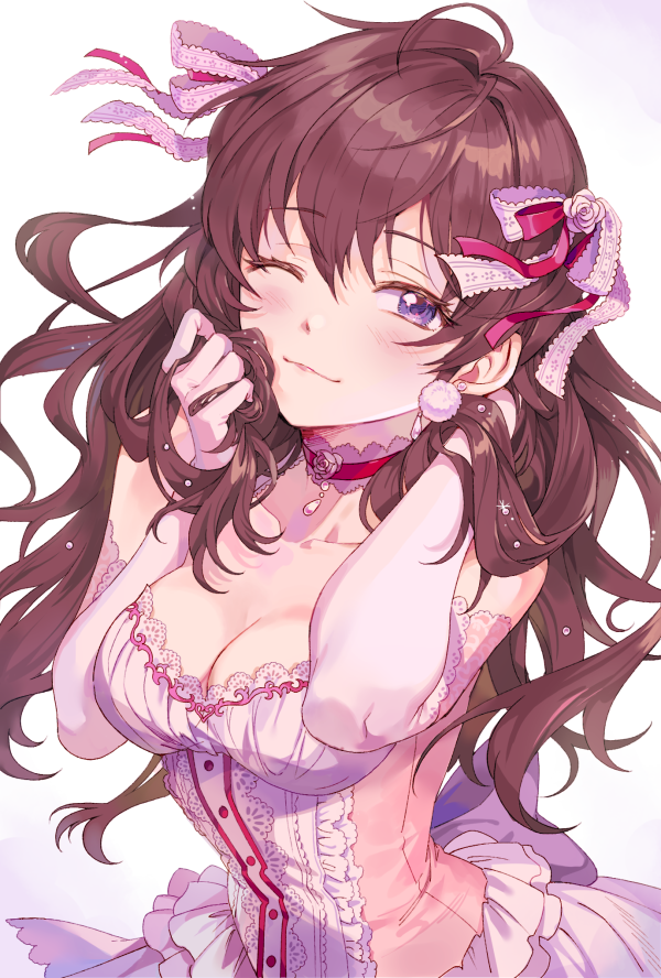 1girl :3 ahoge blue_eyes blush breasts brown_hair choker cleavage collarbone commentary dress earrings elbow_gloves eyebrows_visible_through_hair frills gloves hair_grab hair_ribbon ichinose_shiki idolmaster idolmaster_cinderella_girls idolmaster_cinderella_girls_starlight_stage inzup jewelry korean_commentary lace_trim long_hair looking_at_viewer medium_breasts one_eye_closed pink_dress ribbon simple_background smile solo sparkle upper_body wavy_hair white_background