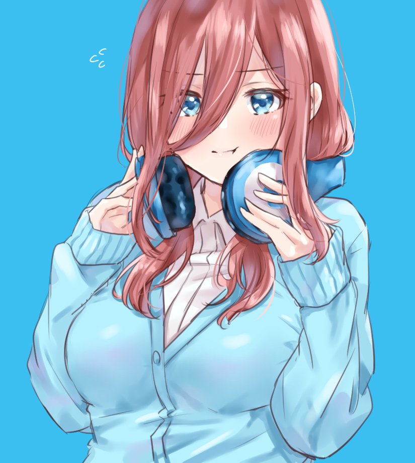 1girl :t blue_background blue_cardigan blue_eyes blush brown_hair cardigan collared_shirt commentary_request flying_sweatdrops go-toubun_no_hanayome hair_between_eyes hands_on_headphones headphones headphones_around_neck long_hair long_sleeves looking_at_viewer minori_748 nakano_miku shirt simple_background solo upper_body white_shirt