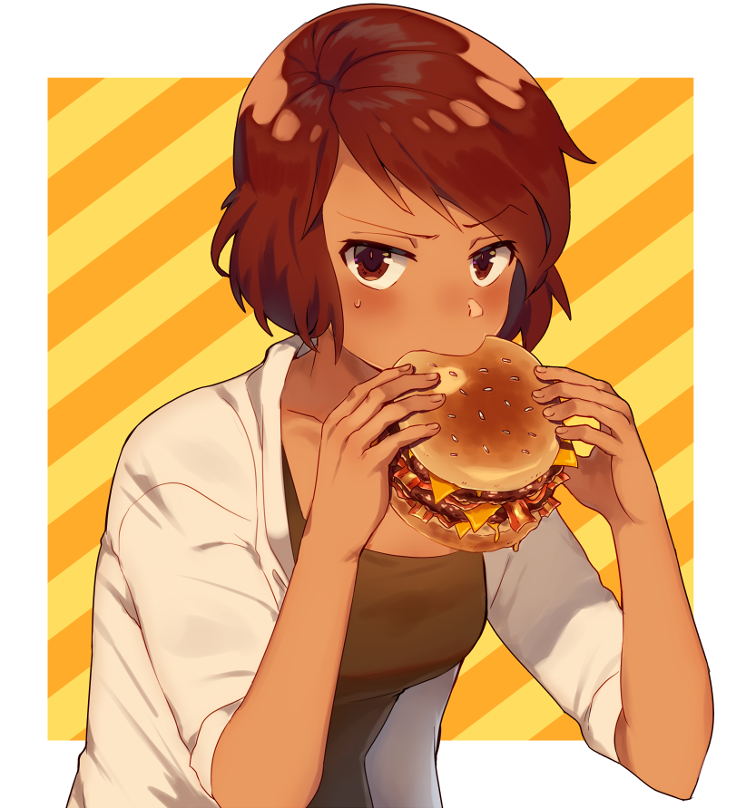 1girl blush borrowed_character breasts brown_eyes brown_hair brown_shirt closed_mouth commentary commission dark_skin diagonal-striped_background diagonal_stripes fingernails food hamburger hands_up holding holding_food jacket looking_at_viewer numbers_(boars) open_clothes open_jacket original shirt short_hair short_sleeves small_breasts solo striped striped_background symbol_commentary upper_body white_jacket