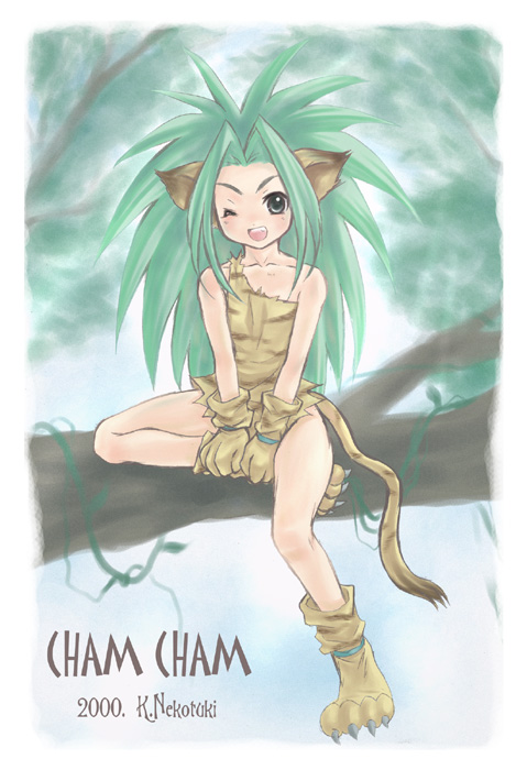 animal_ears animal_print cat_ears cat_tail cham_cham gloves green_hair in_tree long_hair nekou_izuru off_shoulder one_eye_closed paw_gloves paw_shoes paws samurai_spirits shoes single_strap sitting sitting_in_tree snk solo tail tiger_print tree