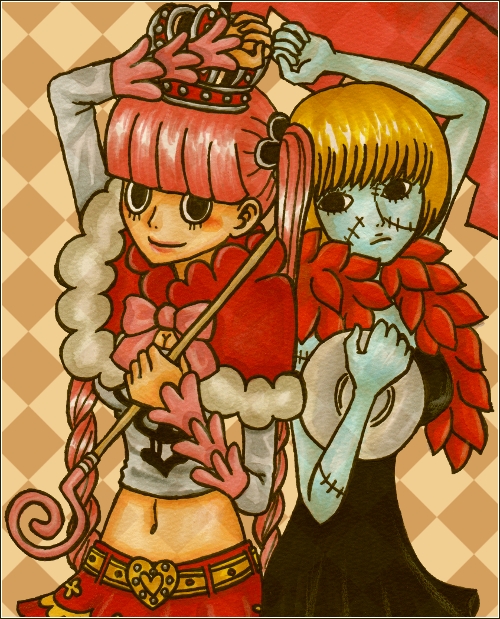 2girls back-to-back bangs belt black_dress blonde_hair boa bow capelet crown dress feather_boa heart long_sleeves midriff multiple_girls nanako_(skr7k) one_piece perona pink_hair plate red_cape red_skirt short_hair skirt stitching thriller_bark twintails umbrella victoria_cindry zombie