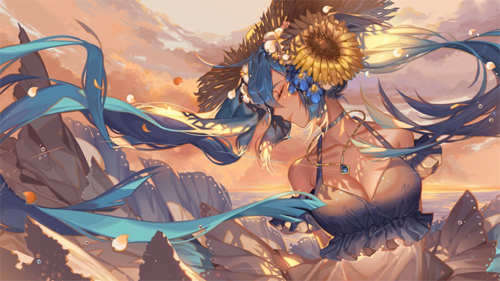 1girl aqua_hair bare_shoulders breasts choker cloud cloudy_sky dress eyes_closed floating_hair flower flowing_dress frilled_dress frills hair_between_eyes hair_flower hair_ornament hat hatsune_miku jewelry large_breasts long_hair necklace ocean orange_sekaii petals profile sky solo straw_hat sunflower twintails very_long_hair vocaloid