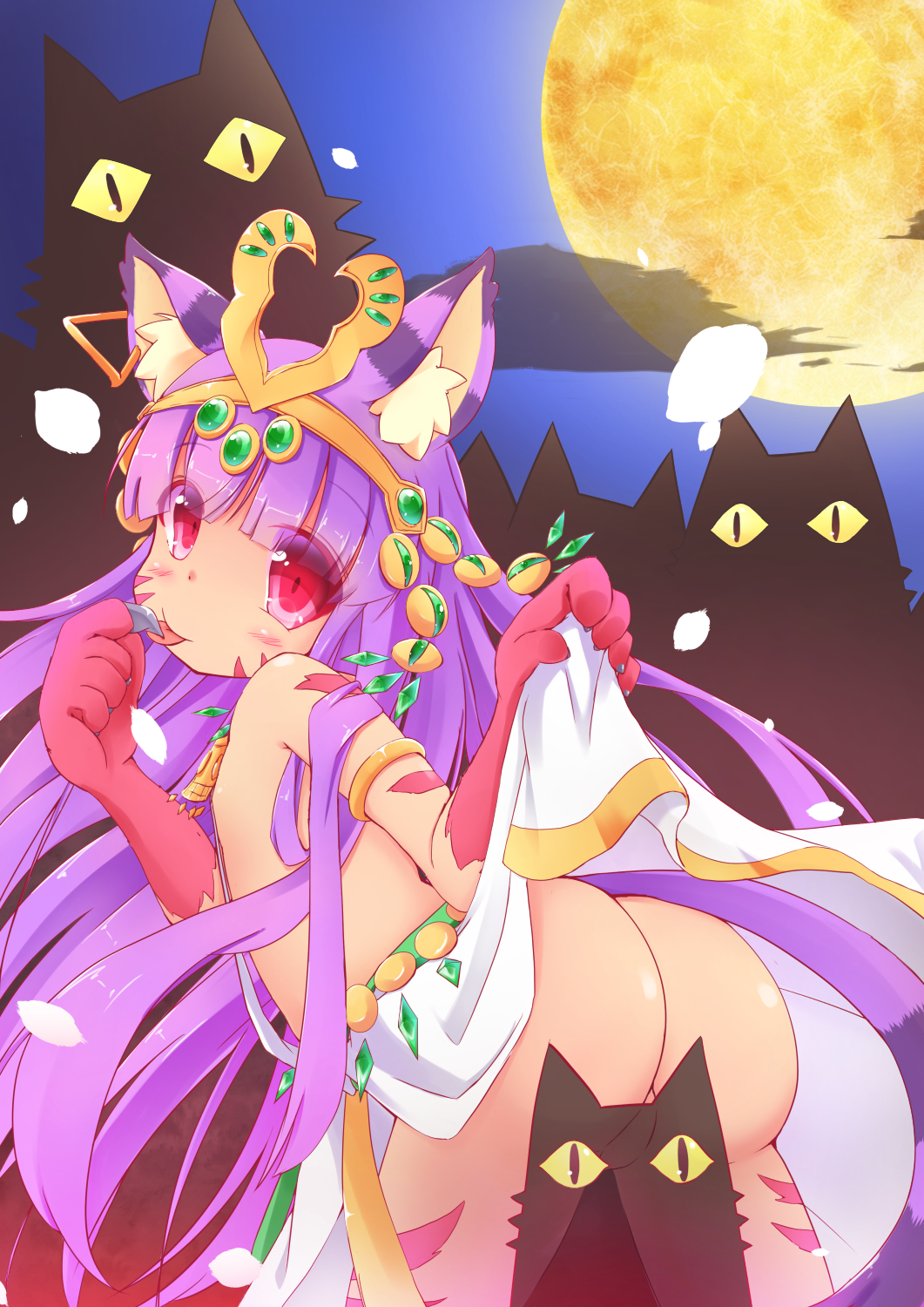 animal_ears ass bastet_(p&amp;d) cat cat_ears circlet claws convenient_censoring dress full_moon gekka_no_aibyoushin_bastet highres kt_cano long_hair moon night paws purple_hair puzzle_&amp;_dragons red_eyes shadow solo tongue tongue_out
