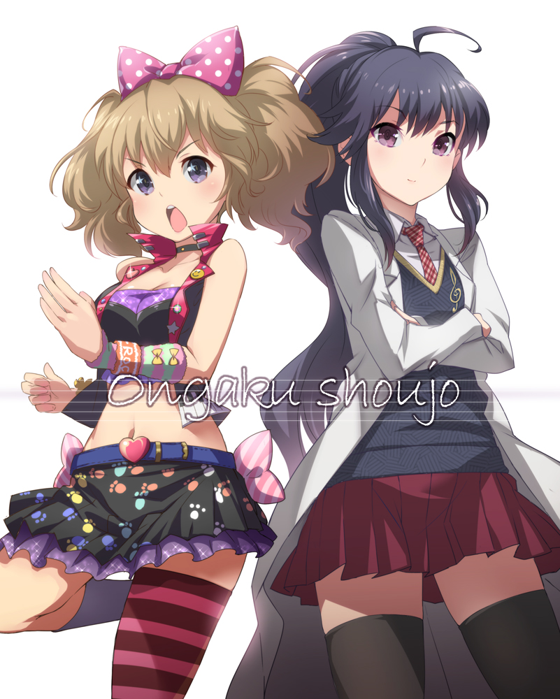 ahoge asymmetrical_legwear black_hair blush bow chestnut_mouth chitose_haru colored_stripes copyright_name cowboy_shot crossed_arms don_michael fighting_stance hair_bow kumagai_eri labcoat light_smile long_hair midriff multiple_girls navel necktie ongaku_shoujo open_mouth paw_print polka_dot polka_dot_bow ponytail print_skirt purple_eyes short_hair skirt striped striped_legwear sweatband sweater thighhighs treble_clef twintails white_background zettai_ryouiki