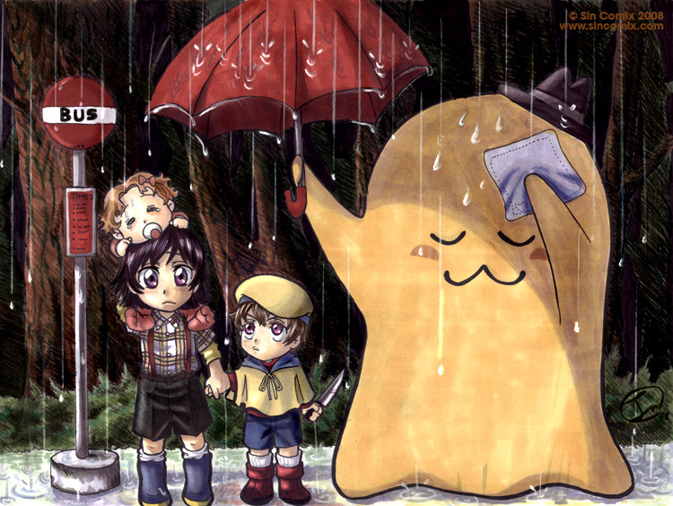 2boys brother_and_sister bus_stop cheese-kun code_geass crossover giving handkerchief hat holding holding_umbrella knife lelouch_lamperouge multiple_boys nunnally_lamperouge outdoors parody rain rolo_lamperouge siblings sincomix tonari_no_totoro totoro_bus_stop umbrella watermark web_address younger