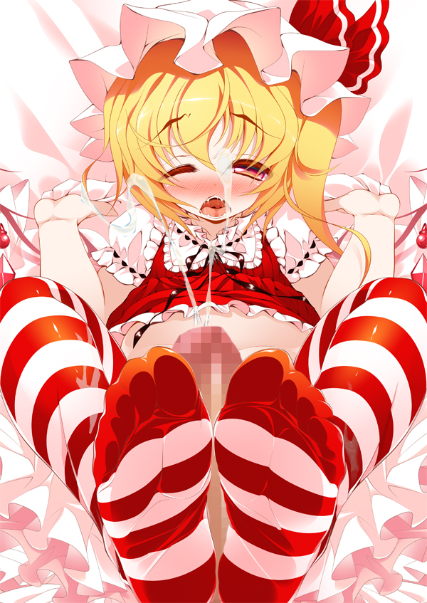 1girl censored cum cum_in_lower_body cum_on_body cum_on_feet cum_on_lower_body feet flandre_scarlet footjob goriyaku mosaic_censoring no_shoes red_and_white_stockings red_stockings soles solo_focus stockings striped striped_legwear thighhighs toes touhou white_stockings