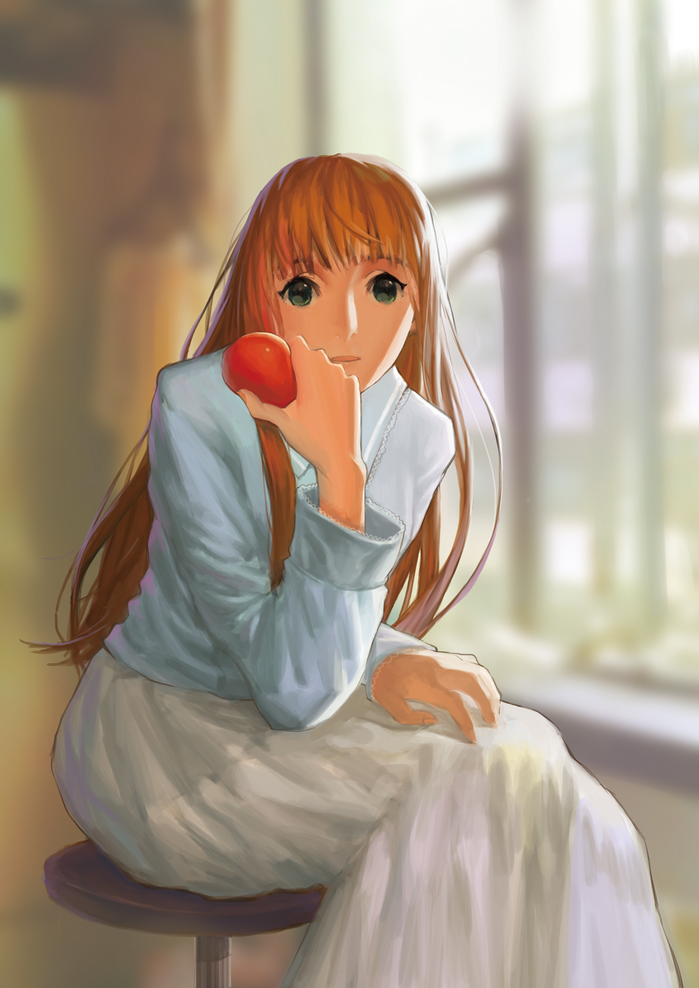 569_(hyohyo) apple bangs blunt_bangs blurry brown_hair casual food fruit green_eyes highres holding honey_and_clover long_hair long_skirt long_sleeves open_mouth skirt solo white_skirt yamada_ayumi