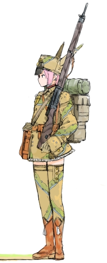 animal_hat backpack bad_id bad_pixiv_id bag black_eyes boots brown_footwear camouflage coh dress france frilled_dress frills full_body gloves green_gloves green_legwear gun hat long_sleeves mars_expedition military military_uniform pink_hair profile rifle short_hair simple_background solo strap thighhighs uniform weapon weapon_request white_background zettai_ryouiki