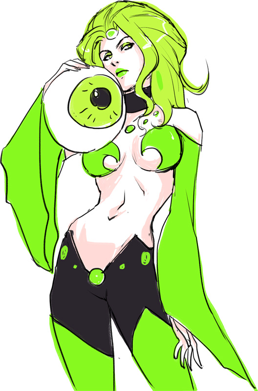 1girl artist_request breasts calborn choker cleavage dc_comics detached_sleeves emerald_empress eye eyes female green_eyes green_hair hand_on_hip legion long_hair navel pants serious solo