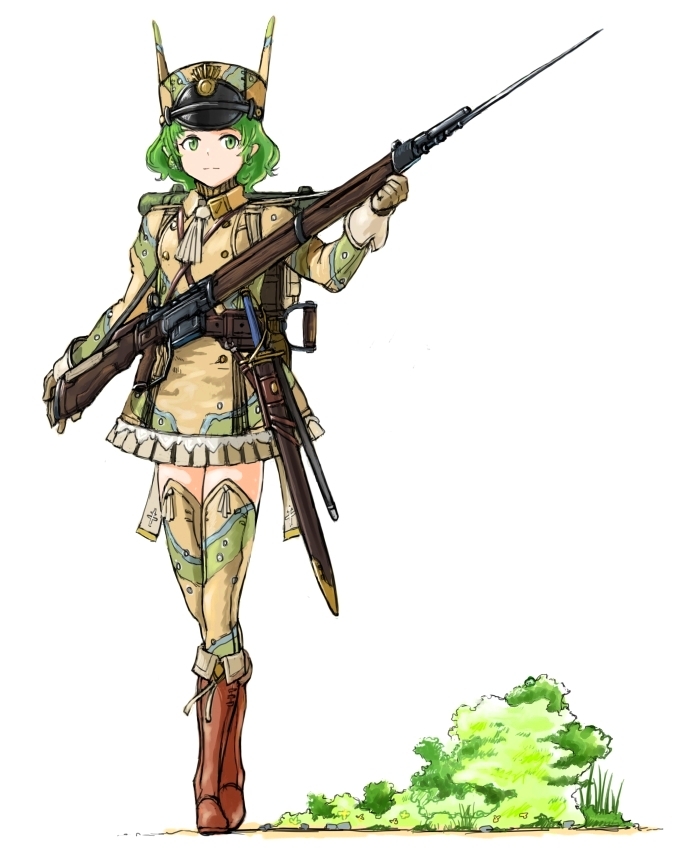 animal_hat ascot bad_id bad_pixiv_id bayonet boots brown_footwear camouflage camouflage_legwear coh france full_body gloves grass green_eyes green_hair gun hat holding jacket long_sleeves mars_expedition military military_uniform pleated_skirt rifle short_hair simple_background skirt solo sword thighhighs uniform weapon weapon_request white_background zettai_ryouiki