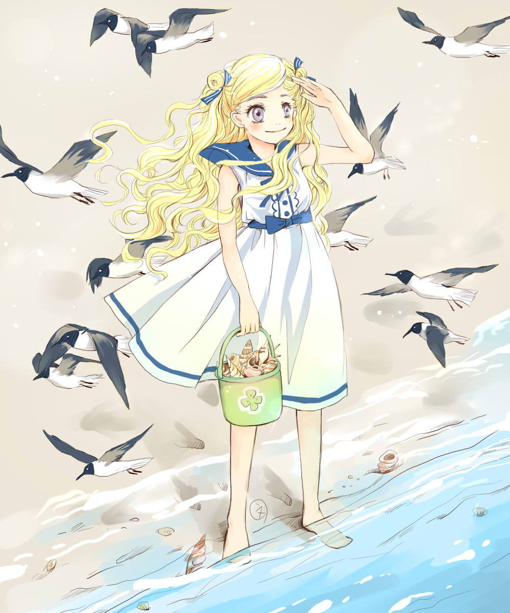 bad_id bad_pixiv_id barefoot beach bird blonde_hair bucket clover double_bun dress floating_hair four-leaf_clover hanamoto_hagumi highres honey_and_clover long_hair outdoors purple_eyes sailor_collar seagull shading_eyes shell sleeveless sleeveless_dress smile standing water wavy_hair wenlu_an white_dress wind