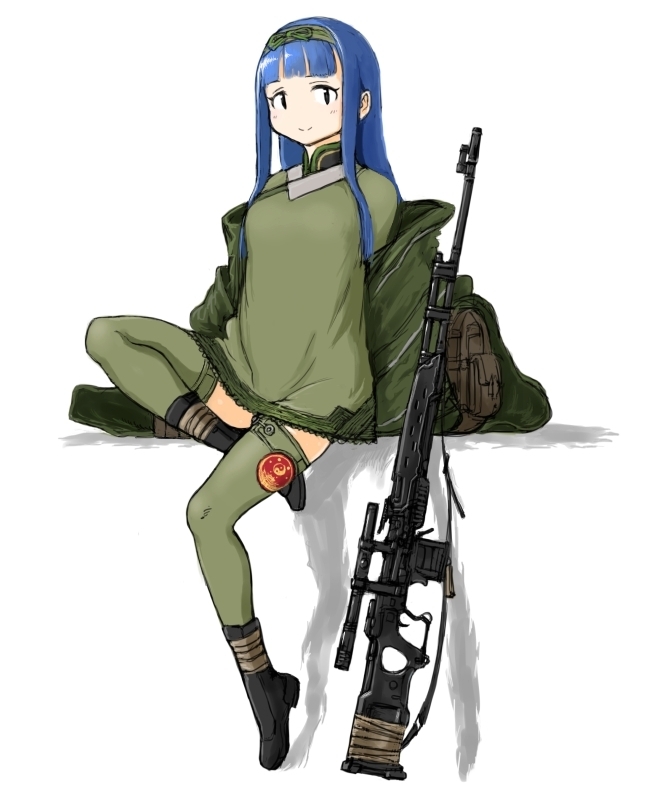 backpack bad_id bad_pixiv_id bag black_footwear blue_hair boots coh dragunov_svd dress green_dress green_legwear green_ribbon gun hairband jacket long_hair mars_expedition military military_uniform no_nose ribbon rifle simple_background sitting smile sniper_rifle solo thighhighs uniform weapon white_background