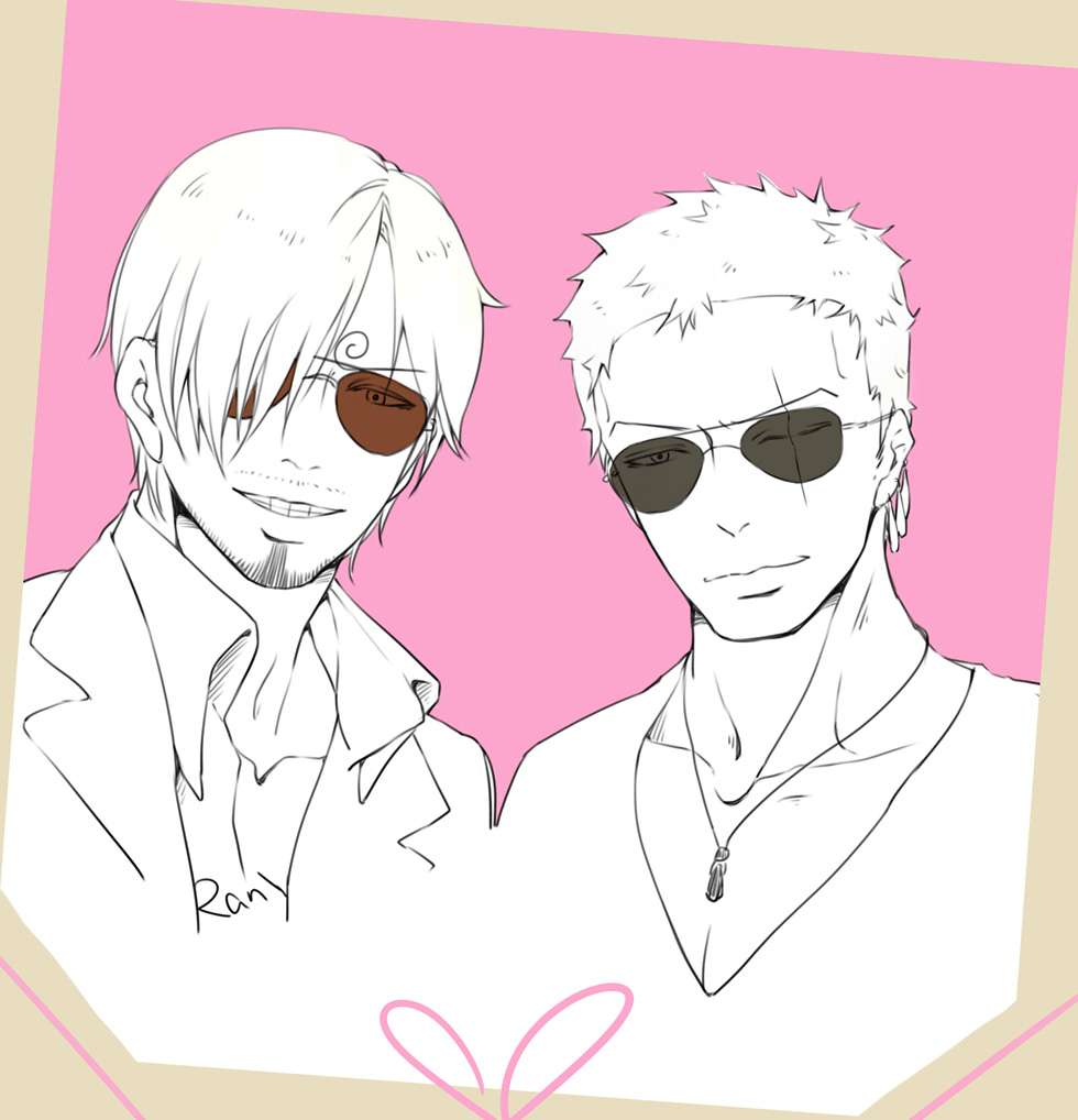 artist_name color_background facial_hair goatee hair_over_one_eye male_focus monochrome multiple_boys one-eyed one_piece pink_background rany roronoa_zoro sanji smile sunglasses