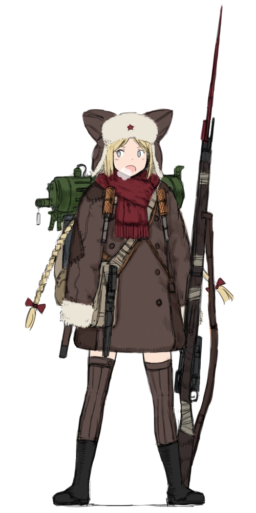 animal_hat bad_id bad_pixiv_id bag black_footwear blonde_hair blue_eyes bolt_action boots bow braid breath brown_legwear buttons coat coh full_body fur_trim gun hair_bow hat long_hair long_sleeves mars_expedition military military_uniform mosin-nagant open_mouth red_bow red_scarf rifle scarf simple_background sleeves_past_wrists solo soviet standing star thighhighs twin_braids uniform very_long_hair weapon white_background zettai_ryouiki