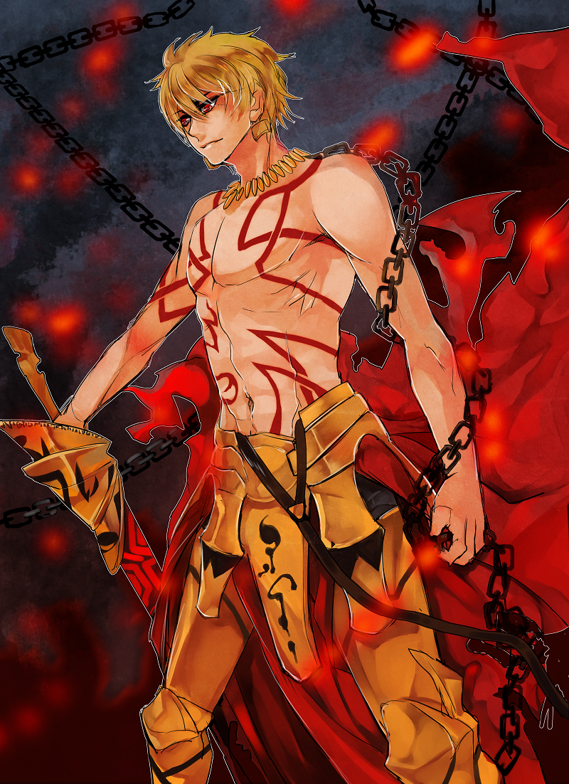 armor blonde_hair chain ea_(fate/stay_night) enkidu_(weapon) fate/hollow_ataraxia fate/stay_night fate_(series) gilgamesh jewelry male_focus necklace red_eyes sesame_ange shirtless solo tattoo weapon