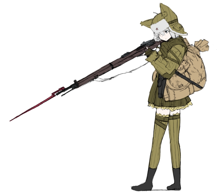animal_hat backpack bad_id bad_pixiv_id bag bolt_action coh dress error fingerless_gloves gloves green_dress green_gloves green_legwear gun hat holding load_bearing_equipment long_sleeves mars_expedition military military_uniform mosin-nagant olive_drab_green_(camo) rifle short_hair silver_eyes silver_hair simple_background solo soviet standing star strap thighhighs uniform weapon white_background zettai_ryouiki