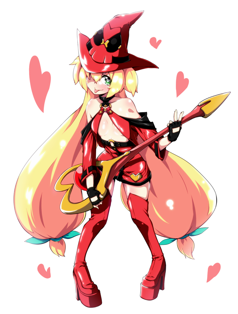 blazblue blonde_hair boots cosplay flat_chest guilty_gear hat i-no i-no_(cosplay) jacket kaname_nagi leather leather_boots leather_jacket leather_skirt long_hair muchourin open_clothes open_jacket platinum_the_trinity quad_tails red_hat shiny smile solo symbol-shaped_pupils thigh_boots thighhighs tongue very_long_hair