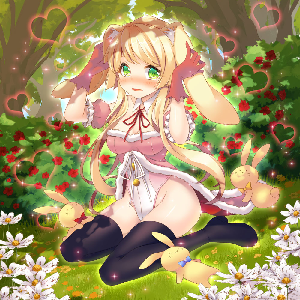 :3 animal_ears bangs black_legwear blonde_hair blush boots bow bowtie breasts bunny bunny_ears bush buttons detached_collar detached_sleeves flower forest frills full_body fur_trim gloves glowing grass green_eyes groin heart high_heel_boots high_heels highleg highleg_leotard holding_ears kidatsu!_dungeons_lord kyoma_(yellowxcake) leotard long_hair looking_at_viewer lying medium_breasts nature neck_ribbon nose_blush on_back on_ground open_mouth outdoors outline palme_(kidatsu) pink_gloves puffy_detached_sleeves puffy_sleeves ribbon sidelocks sitting sky solo sparkle thigh_boots thigh_grab thighhighs tree very_long_hair wariza