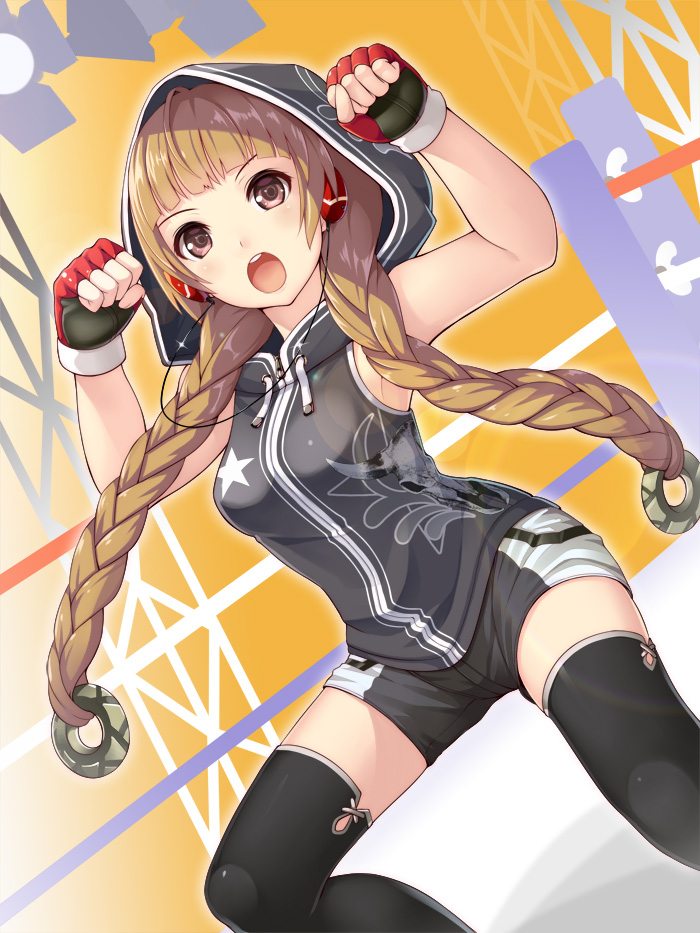 :o black_legwear braid brown_eyes brown_hair fingerless_gloves gloves hair_over_shoulder headphones hood hoodie long_hair looking_at_viewer original shorts sleeveless sleeveless_hoodie solo squatting thighhighs twin_braids twintails wrestling_ring yato