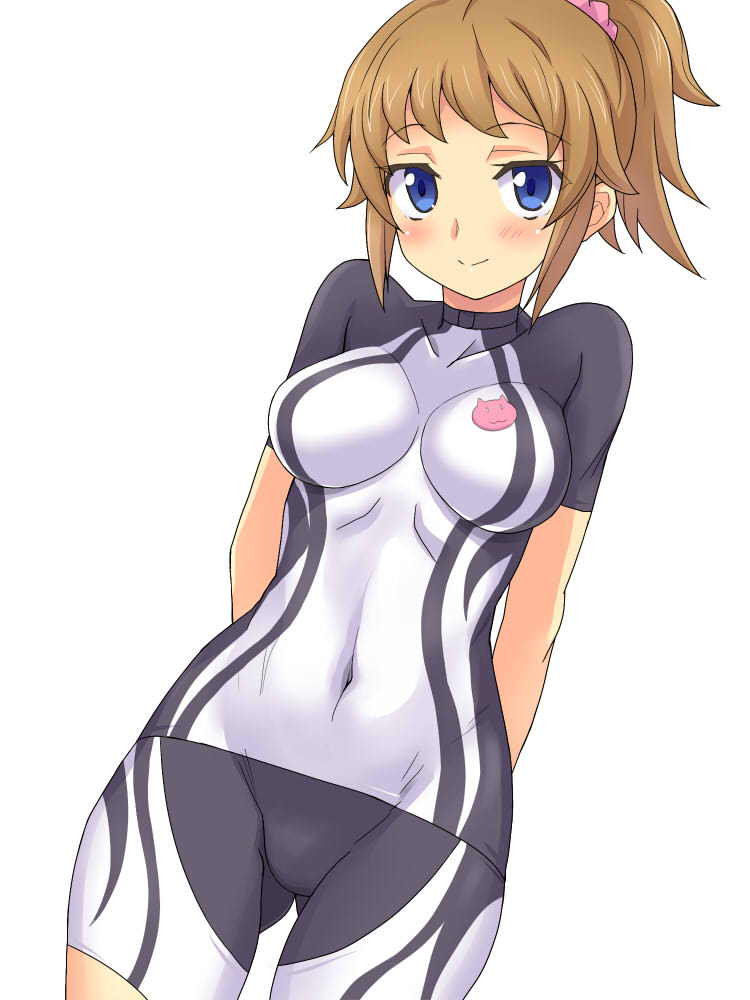 arms_behind_back bad_id bad_nicoseiga_id blue_eyes blush bodysuit breasts brown_hair covered_navel cowboy_shot eeeeee groin gundam gundam_build_fighters gundam_build_fighters_try hoshino_fumina impossible_clothes looking_at_viewer medium_breasts ponytail short_hair smile solo white_background