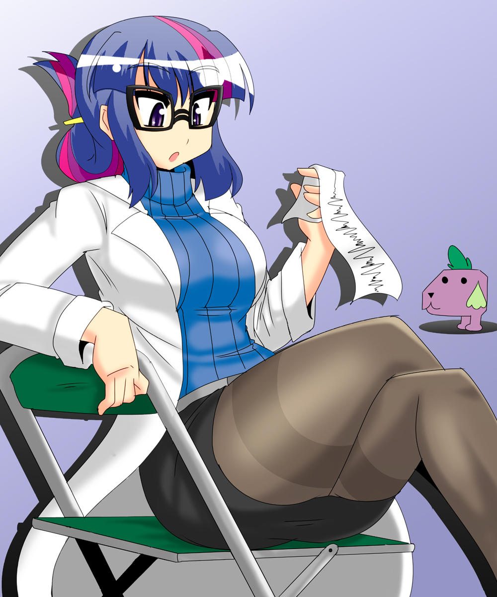 :o akasode_(tyaramu) animalization breasts chair dog folded_hair folded_ponytail folding_chair glasses highres labcoat large_breasts long_hair multicolored_hair my_little_pony my_little_pony_friendship_is_magic open_mouth pantyhose personification pink_hair purple_eyes purple_hair ribbed_sweater sitting spike_(my_little_pony) sweater turtleneck twilight_sparkle