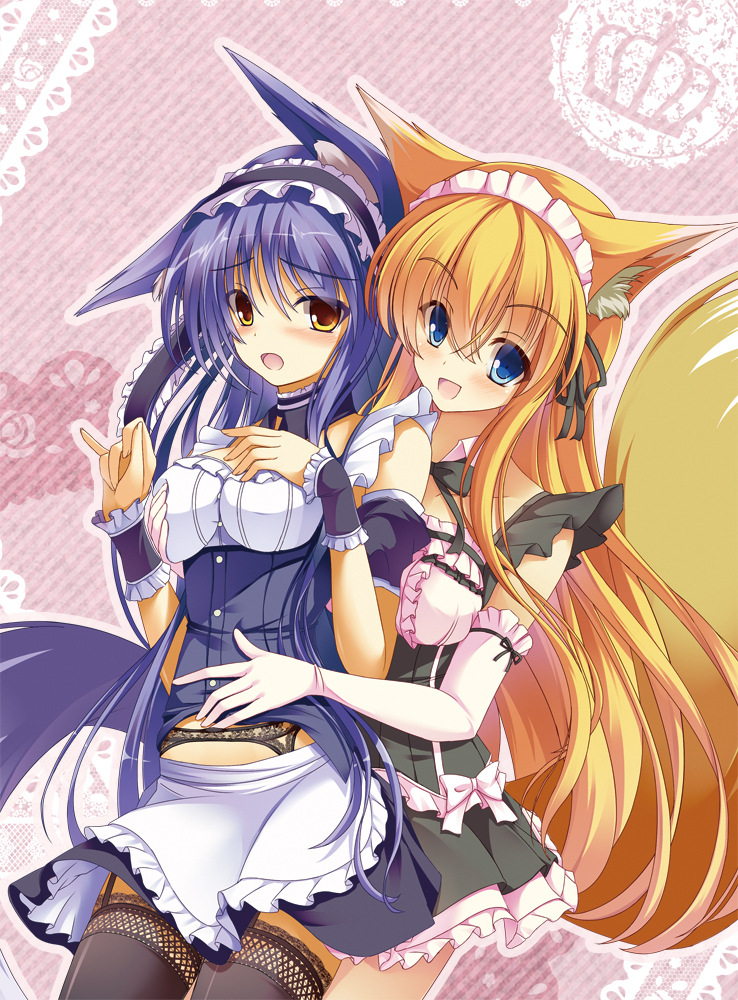 :d animal_ears black_legwear blonde_hair blue_eyes blue_hair blush breasts cowboy_shot elbow_gloves fox_ears fox_tail garter_belt gloves kasumi_toshizou long_hair maid maid_headdress medium_breasts multiple_girls ookami_rushia open_mouth original smile tail takataka thighhighs very_long_hair white_gloves wrist_cuffs yellow_eyes zettai_ryouiki