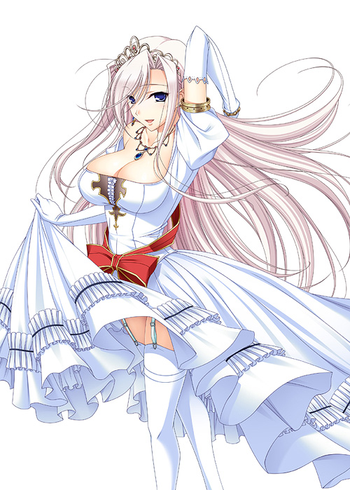 blue_eyes breasts charlotte_hazellink cleavage dress dress_lift elbow_gloves gloves jewelry komori_kei large_breasts long_hair necklace pink_hair princess_lover smile solo thighhighs tiara white_gloves white_legwear