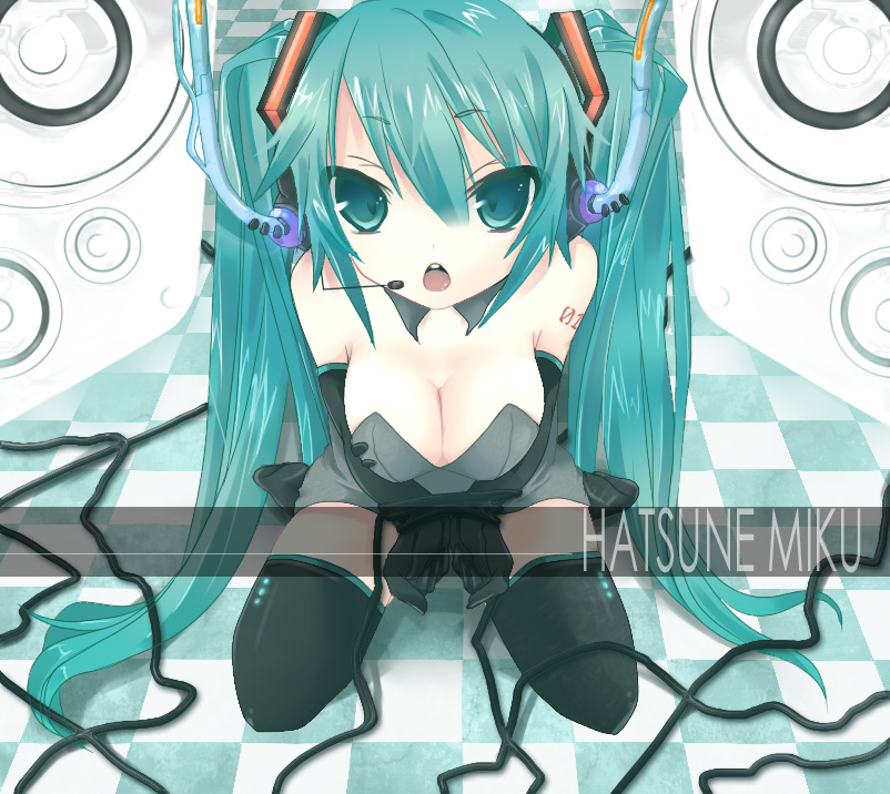 aqua_eyes aqua_hair bdsm bondage bound bound_wrists breasts cleavage eema elbow_gloves gloves hatsune_miku headphones headset large_breasts long_hair solo thighhighs twintails vocaloid