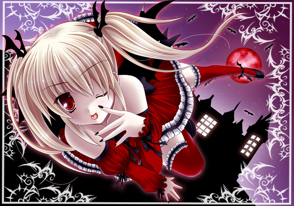 ;p bad_id bad_pixiv_id bat_wings blonde_hair detached_sleeves garters gothic_lolita kirihara_natsuki lolita_fashion moon night night_sky one_eye_closed original red_eyes red_moon sky solo thighhighs tongue tongue_out twintails wings