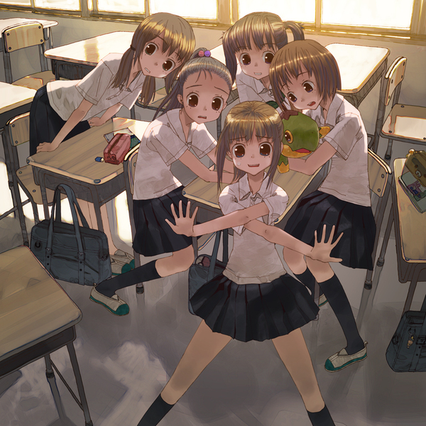 bad_id bad_pixiv_id bag bag_removed bangs bare_arms bent_over black_legwear black_skirt bob_cut brown_eyes brown_hair classroom crossed_arms day desk eraser flat_chest floor gen_4_pokemon grey_hair hair_bobbles hair_ornament hair_slicked_back hands high_ponytail hug indoors kneehighs legs_apart long_hair looking_at_viewer low_twintails miniskirt multiple_girls okayu_(crosspoint) open_hand original outstretched_arms parted_lips pencil_case pleated_skirt pokemon pokemon_(creature) polo_shirt ponytail protecting school_bag school_desk school_uniform shoes short_hair short_sleeves sitting skirt spread_fingers standing turtwig twintails uwabaki window worried